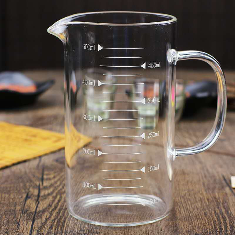Fábrica al por mayor de vidrio de borosilicato taza de leche con escala taza de medición de vidrio cocina medición del hogar