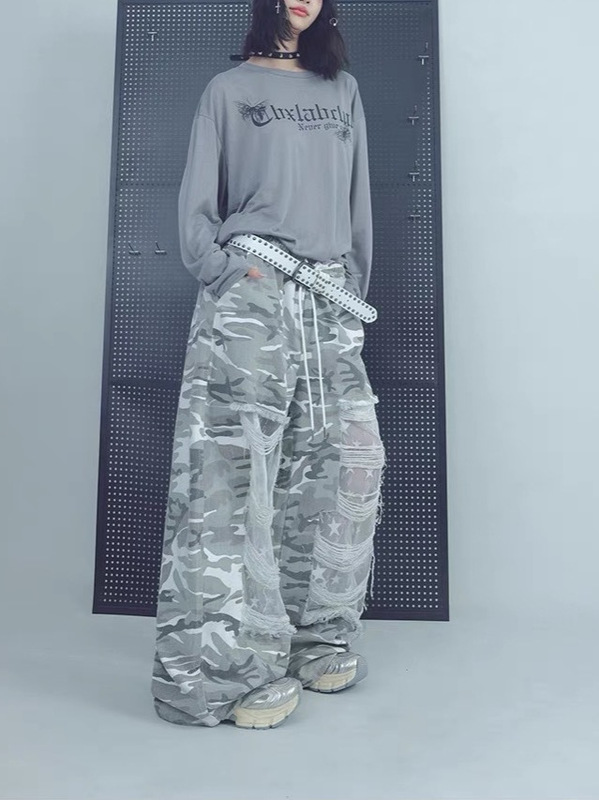 CBXLB街舞潮牌蕾丝破洞迷彩嘻哈运动裤夏季街头爵士辣妹休闲长裤|undefined