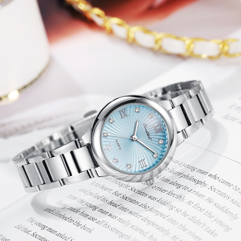 New Versatile Cross-Border Steel Band Women's Watch, Light Luxury Fashion Sparkling Diamond-Encrusted Fireworks Pattern Avocado Green Ladies' Watch