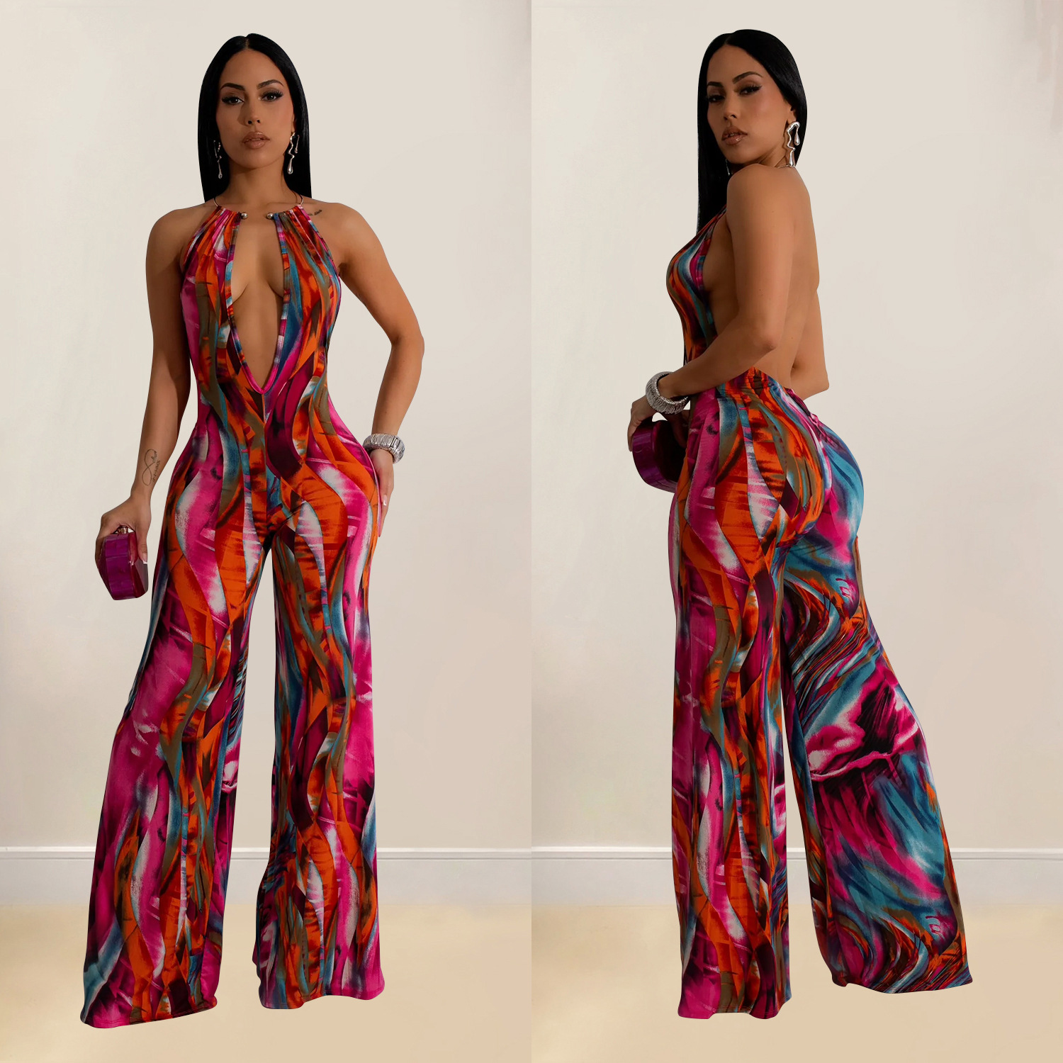 C6930 Aliexpress transfronterizo Amazon Europa y América de moda impresión de ropa de mujer sin mangas profunda V color combinación de pantalones largos image 5