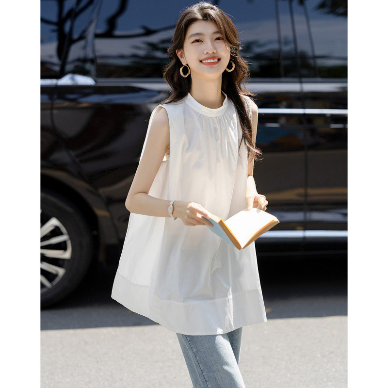 2025 Summer Elegant Style Stand Collar Pleated Sleeveless Slimming Shirt Women's Top Delicate 50 Count Cotton Poplin
