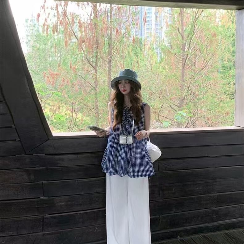 2026 Retro Blue and White Plaid Sleeveless Shirt Outerwear Vest Loose A-Line Babydoll Shirt Women's Babydoll Shirt Top
