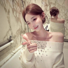 秋冬新款法式设计感一字肩毛衣女小众宽松针织衫显瘦性感女装上衣