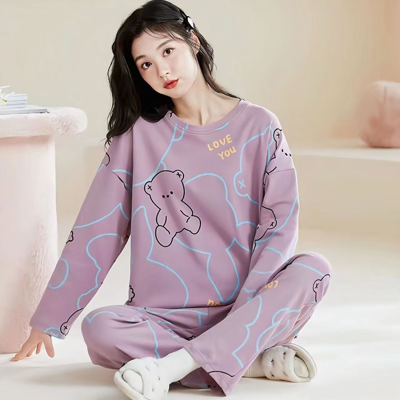 Pijamas de manga larga para mujer, primavera y verano, con diseño de gato de dibujos animados, novedad 2025, conjunto de ropa de estar en casa para otoño e invierno, estilo influencer de internet.