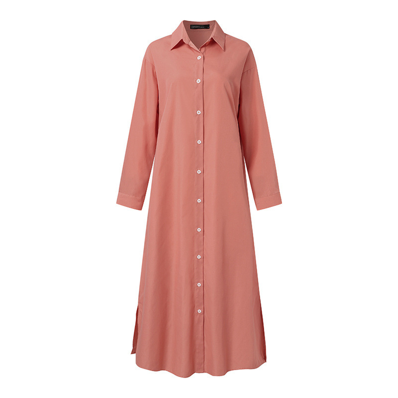 Primavera Y Otoño Nuevo Algodón Y Lino De Viaje Elegante Color Puro Mínimo Versátil Solapa Manga Larga Suelta Cardigan Camisa Vestido display picture 5