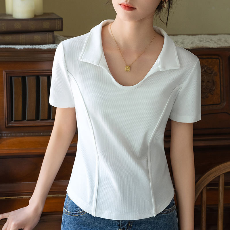 Camiseta de manga corta de hilo para mujer verano 2023 nueva camiseta de solapa elegante para mujer camisa de polo de estilo maduro ligero Fishbone top