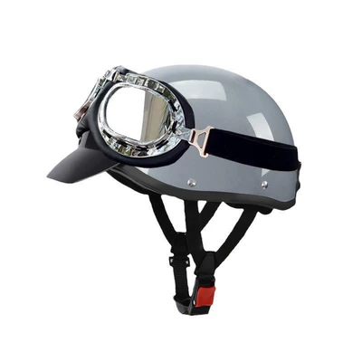 Motosiklet kaskı (dəbilqə), Retro Harley Helmet 3C Certified - 3c-gray-brim-transparent-goggles-free-size-55-62-head-circumference