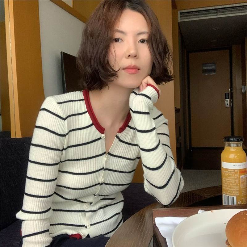 韩版撞色条纹针织开衫女早秋季韩系穿搭chic修身内搭打底上衣小众|undefined