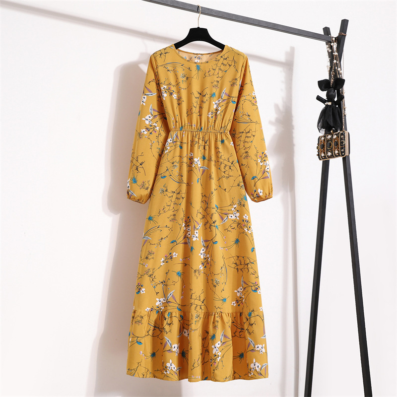 Cross-border Foreign Trade Floral Chiffon Long Dress Women's Spring Dress Long Sleeve Crewneck Base Skirt Waist Slim Long Dress