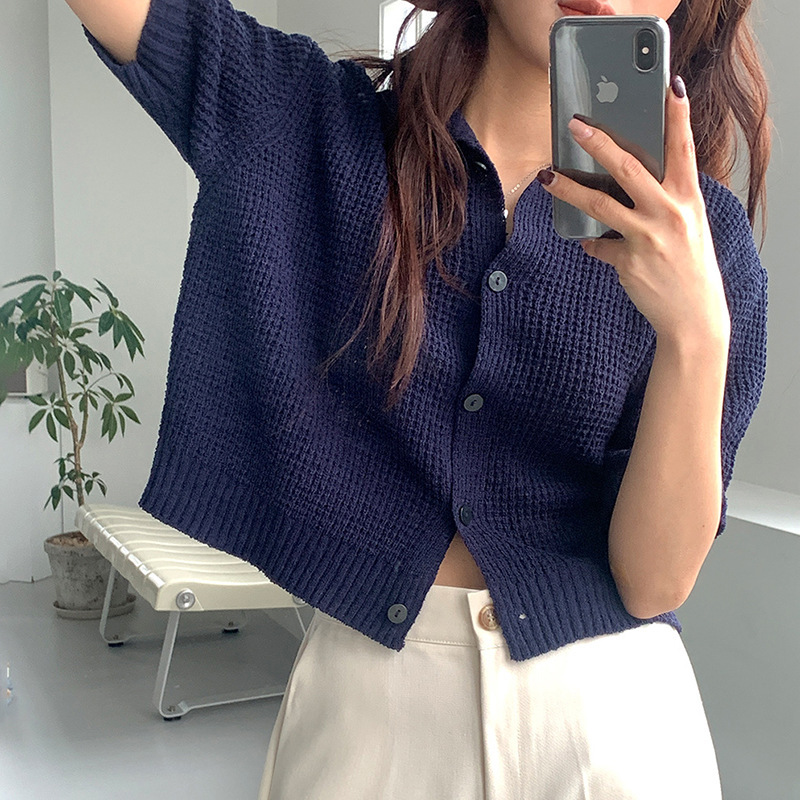 Korean Chic Summer Beaded Draped Lapel Cardigan Knitwear Thin Cut Out Cool Pure Color Short-Sleeved Knitwear