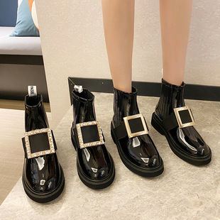 Short Boots Rhinestone Square Buckle Patent Leather British Style Martin Boots Women's 2024 Autumn and Winter Star Same Style Chelsea Boots