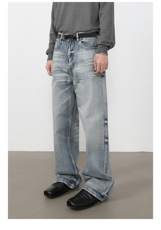 Quần jeans nam ống rộng lưng giữa, dáng suông thoải mái, chất denim washed — màu xanh, màu xanh nhạt, màu xám đen chi tiết 22