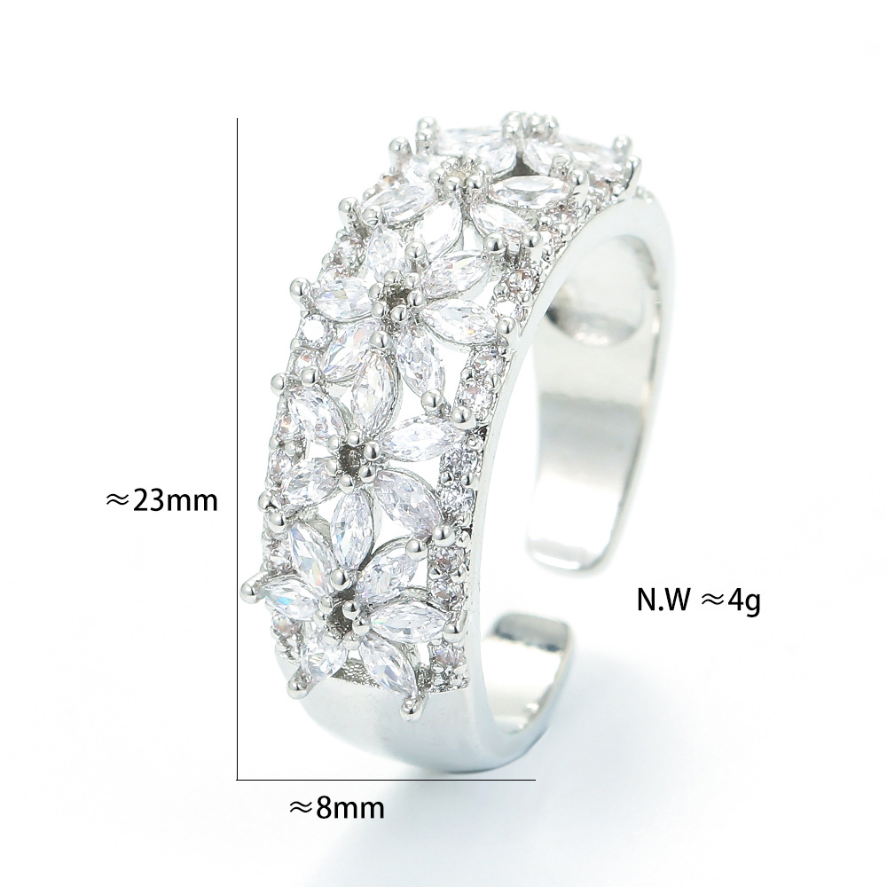 Copper Material Korean Micro-inlaid Zircon Flower Diamond Petals Personalized Open Ring