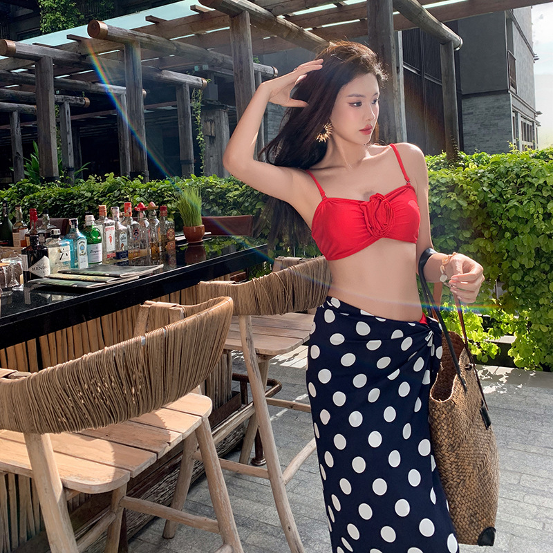 Seaside Resort Style Bra Suspender Bikini Women's Slimming Look and Flesh-Covering Split Swimsuit Strappy Long Skirt Gauze Three-Piece Set