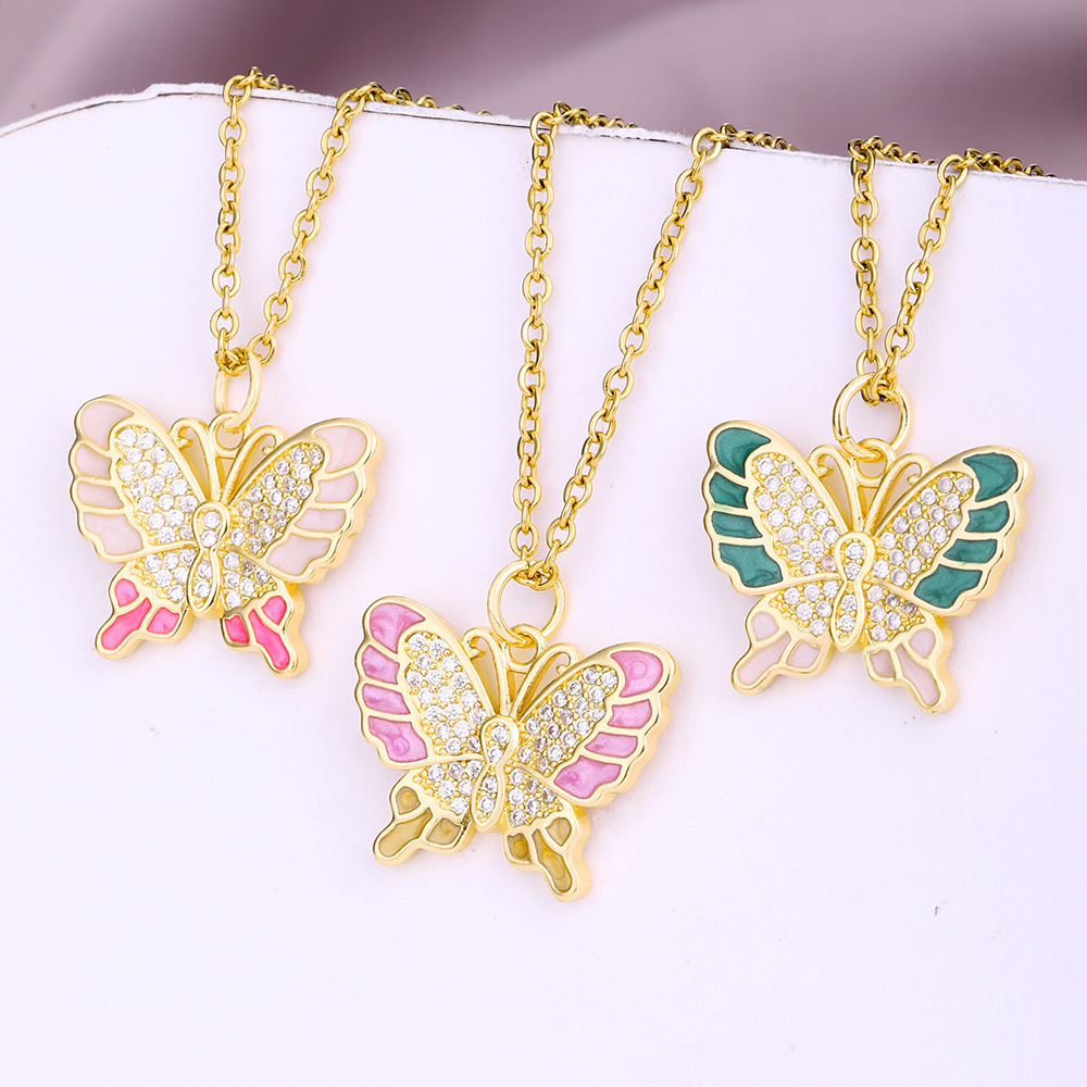 Simple Style Butterfly Copper Enamel Inlay Zircon Pendant Necklace 1 Piece display picture 4