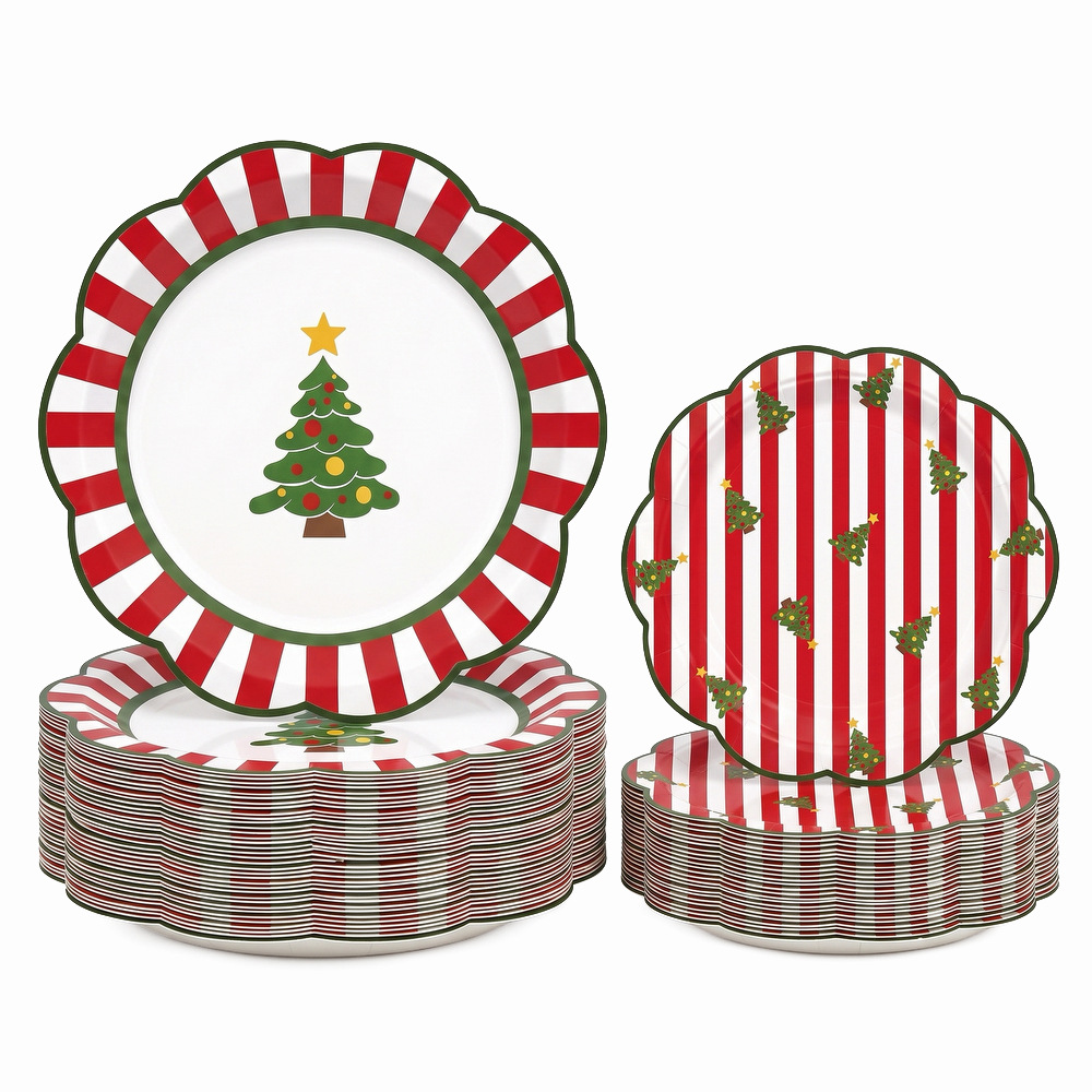 Christmas-themed lace paper plates, Christmas tree red and green striped disposable dinner plates, Christmas party decoration paper plates