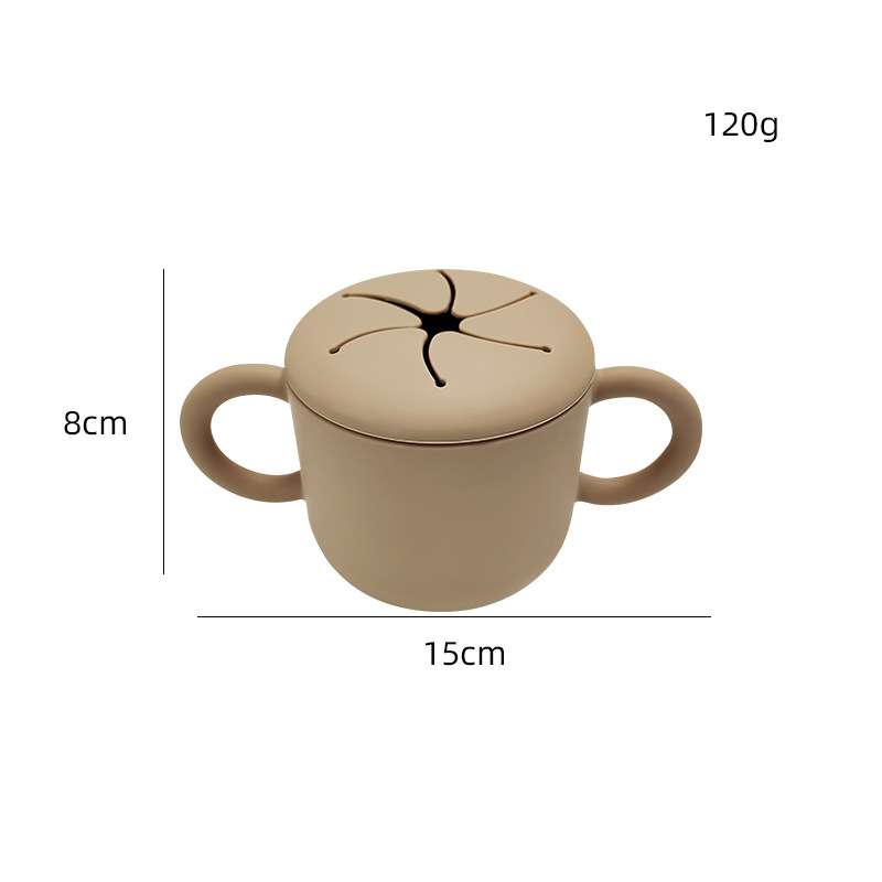 Doble oreja de tipo pétalo abierto de silicona snack taza con mango bebé snack caja creativa beber taza en stock