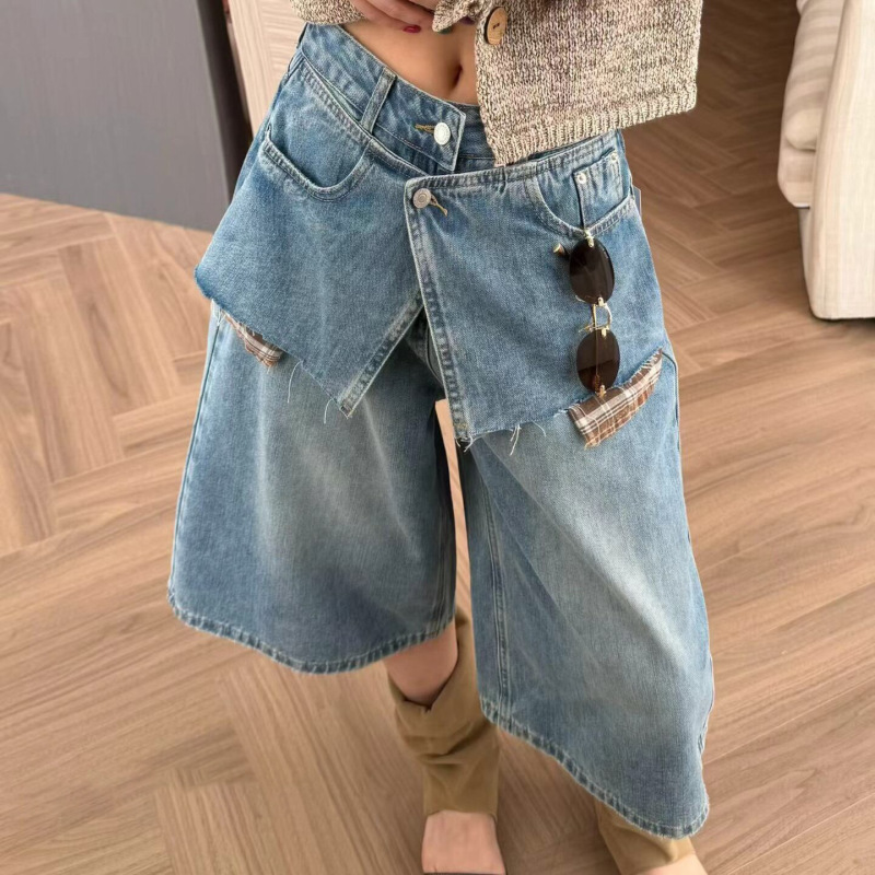American Street Style Versatile Cropped Pants Summer New Plaid Fake Two-Piece Distressed Patchwork High-Waisted Jeans for Women American Street Style Versatile Cropped Pants Summer New Plaid Fake Two-Piece Distressed Patchwork High-Waisted Jeans for Women