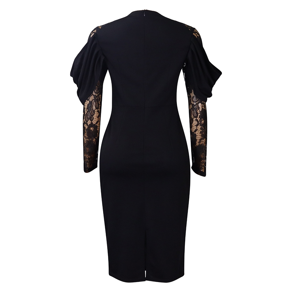 Women's Sheath Dress Elegant Round Neck Lace Long Sleeve Solid Color Knee-Length Holiday Daily display picture 39