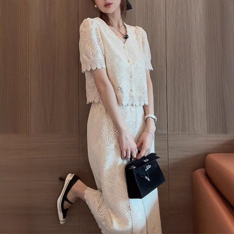 Niche Design Sense Petal Wave Edge Hollow Lace Chanel Style French Shirt Summer New suit Skirt