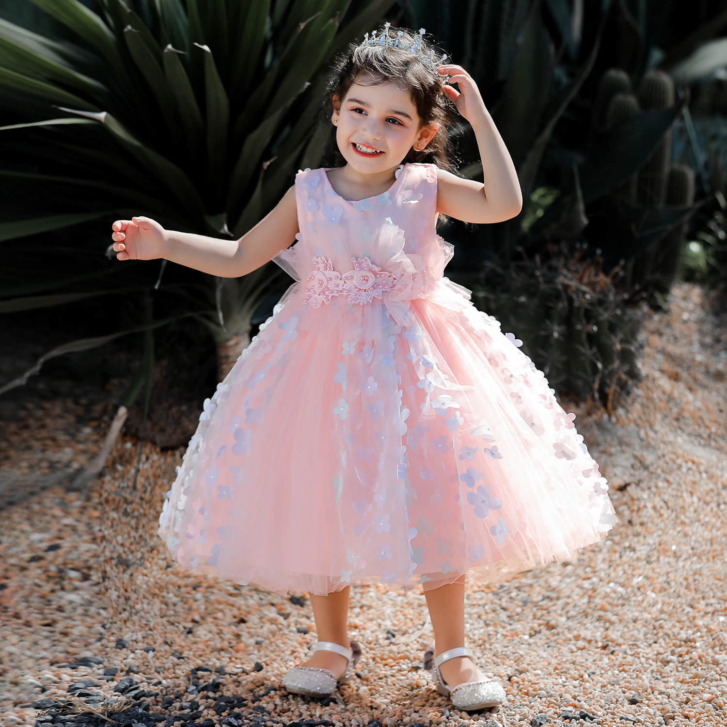 Vestido de niña AliExpress, falda tutú de princesa rosa con lazo, falda de malla con lazo, disfraz para actuación, transfronterizo