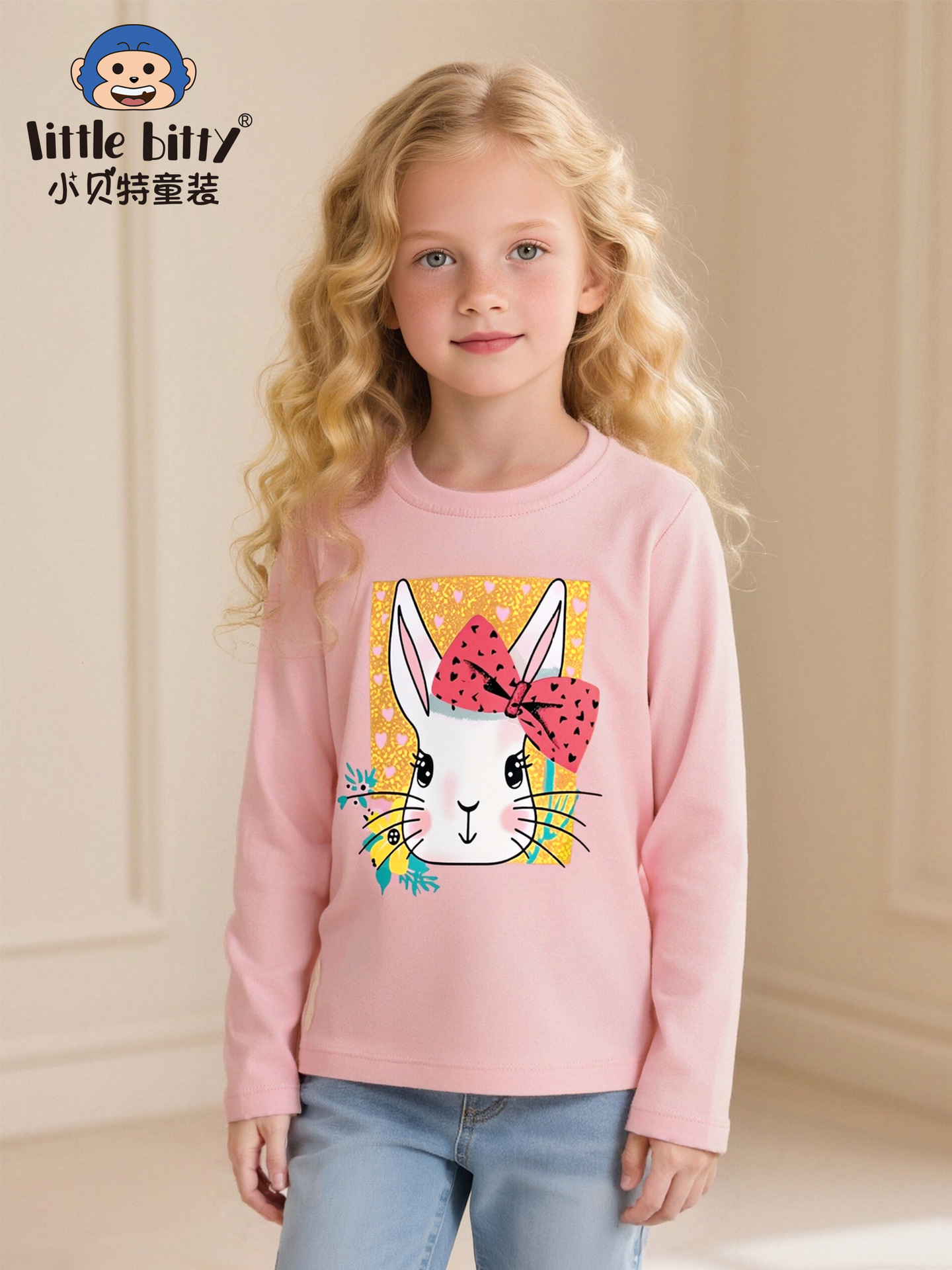 Cross-Border Children's Clothing 2025 Autum Girls Long-Sleeved T-Shirt Tops Round Neck European and American Rabbit Print Knitted Bottoming Shirt