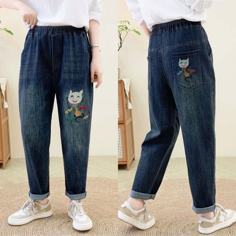 文学レトロ花刺繍ストレッチジーンズ女性の春夏の新しいルーズプラスサイズスリム多用途ハーレムパンツ|undefined