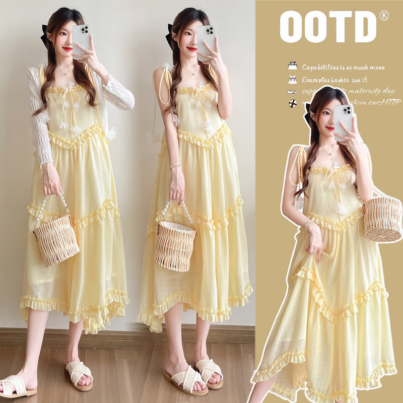 Maternity's New Summer Two-Piece Sling dress Anti-Ice Silk Knitted Cardigan Sweet Pregnant Women's Two-Piece Set