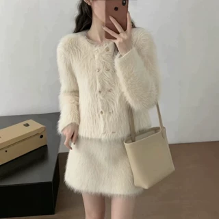 跨境小香风仿水貂绒针织套装女秋冬新款软糯纯色针织开衫短裙套装