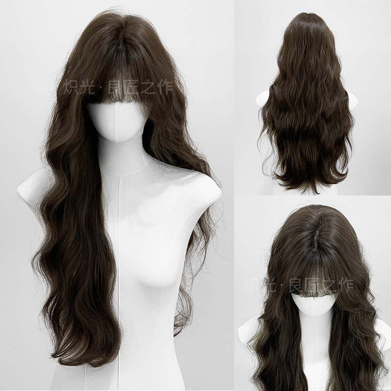 Blazing wig cold brown women's long hair wool roll natural fashion daily net red full head cover wholesale cross-border in stock