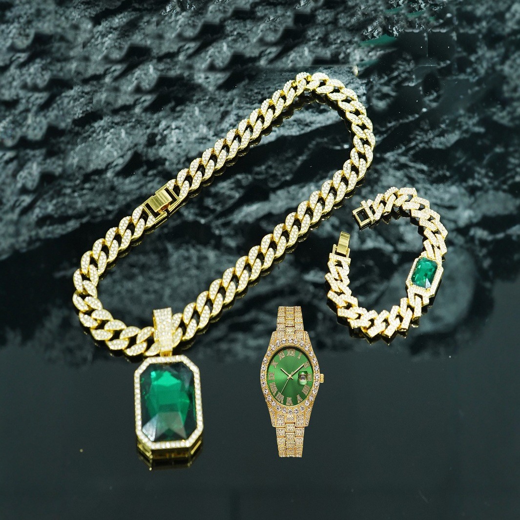 Ventas transfronterizas calientes colgante de aleación de esmeralda roja pulsera collar reloj 5 piezas conjunto de joyas de regalo de alto nivel para hombres