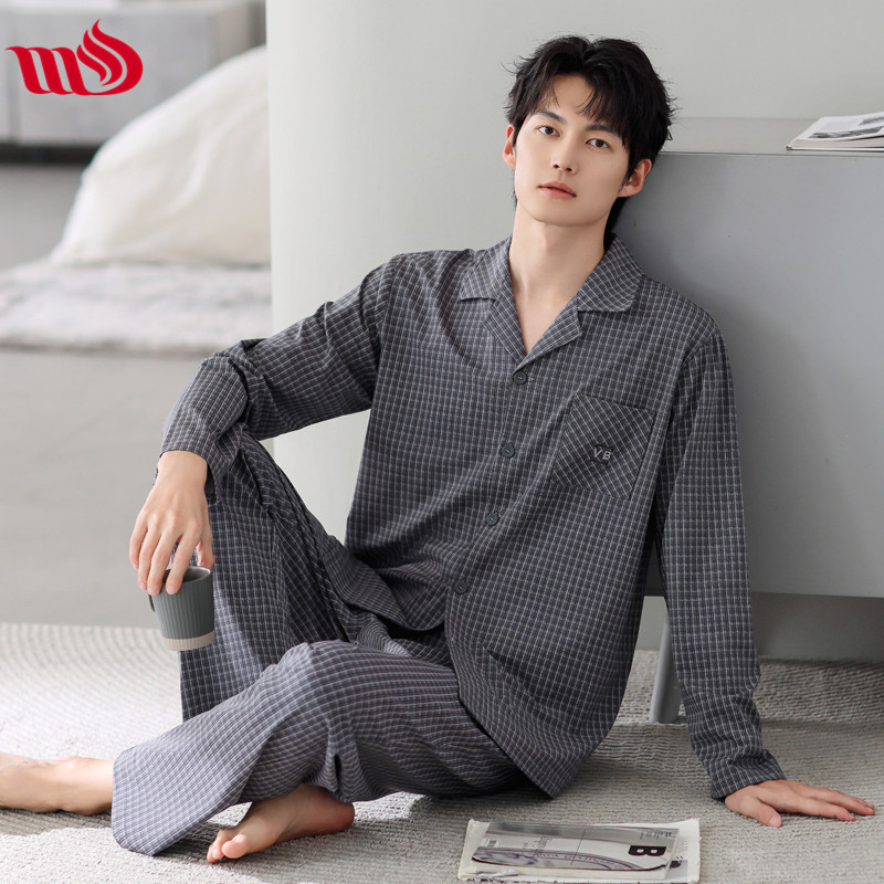 MULONG ARISTOCRATIC FAMILY PAJAMAS 남자 LYCRA COTTON 긴 소매 아빠 봄과 가을 세트 느슨한 플러스 사이즈 얇은 외부 세트 입고