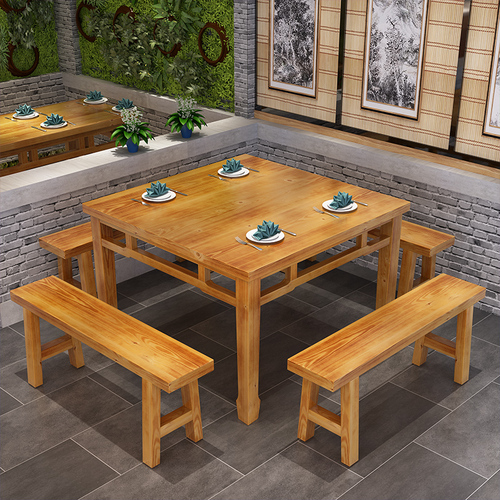 Solid wood fast food dining table and chairs for restaurant snack bar noodle shop tables and chairs Chinese style carbonized hot pot barbecue rectangular dining table set