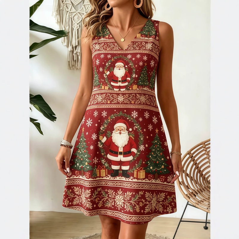 Red Vest Dress with V-Neck, Sleeveless, Waist-Cinching, Slimming Effect, Christmas Tree and Snowflake Print, Christmas Outfit Red Vest Dress with V-Neck, Sleeveless, Waist-Cinching, Slimming Effect, Christmas Tree and Snowflake Print, Christmas Outfit