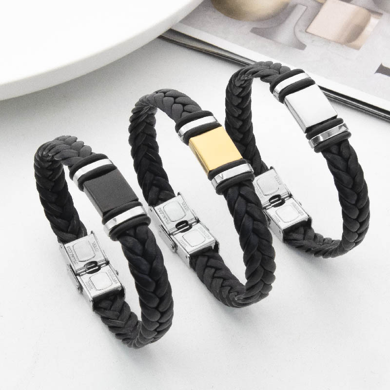 Source Factory Fashion Men's Retro Titanium Steel Bracelet Plate Engraving Stainless Steel Black Leather Woven Rope Bracelet