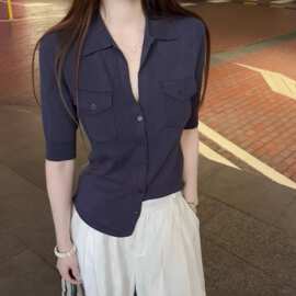 老钱半袖亚麻莱赛尔修身收腰V领中袖针织上衣女夏季薄款透气衬衫