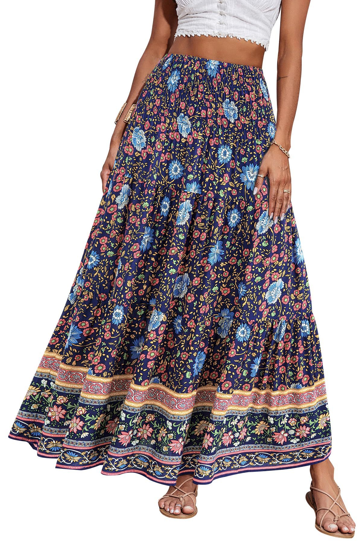 New European And American Printed Flared Bohemian Casual High-waisted Long Skirt, Beach Skirt For Women_ecoleips.com