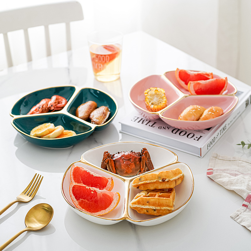 Luz nórdica Placa de partición de lujo hogar plato de cerámica de tres rejillas plato creativo plato de desayuno de una persona vajilla