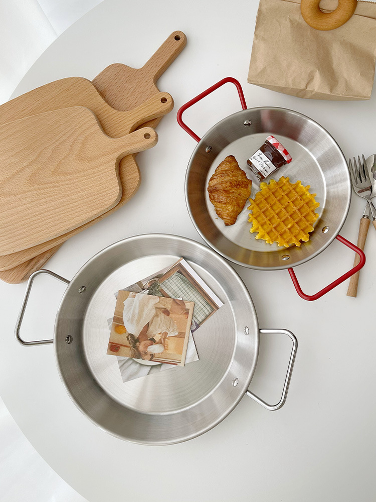 5YA1批發穆尼生活館 不鏽鋼雙耳平底鍋西班牙海鮮飯鍋餐具韓式炸