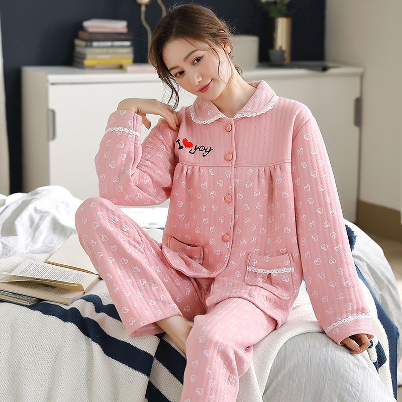 Autumn and Winter 100% cotton sandwich cotton pajamas women's thin quilted winter plus size air cotton warm homewear suit