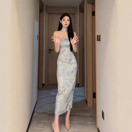 微胖mm新中式国风吊带旗袍裙女夏季2024大码素雅提花修身包臀长裙