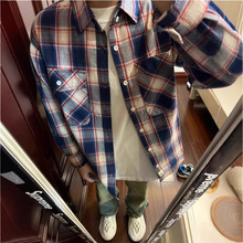 春夏新品日系复古宽松休闲格子衬衫男小众遮阳长袖衬衣男女高街潮
