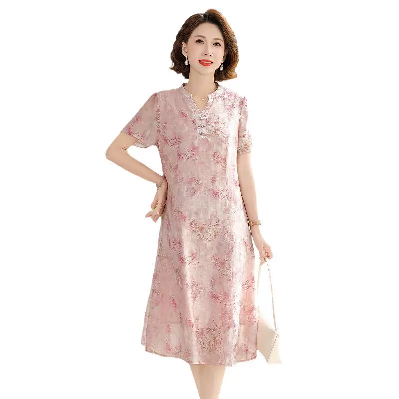 День матери Мама Летнее платье с короткими рукавами платье средней и длинной формы 2025 новая женская летняя юбка среднего и пожилого возраста