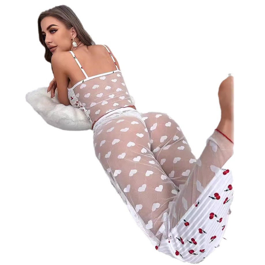 2024 nuevo estilo de impresión para el hogar, malla de costura de color en contraste, ropa para el hogar, traje de pijama de tirantes con aberturas 7001