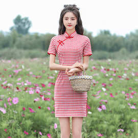棉麻红色格子2025春季新款日常优雅淑女短款旗袍