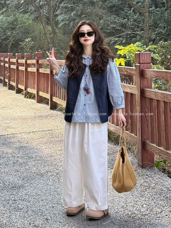 早秋穿搭一整套大码胖mm日系文艺格子衬衫叠穿马甲阔腿裤三件套装|undefined