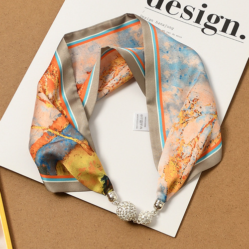 Necklace style silk scarf spring and summer pearl magnetic buckle clavicle neck scarf small scarf high-end lazy wrist strap headband