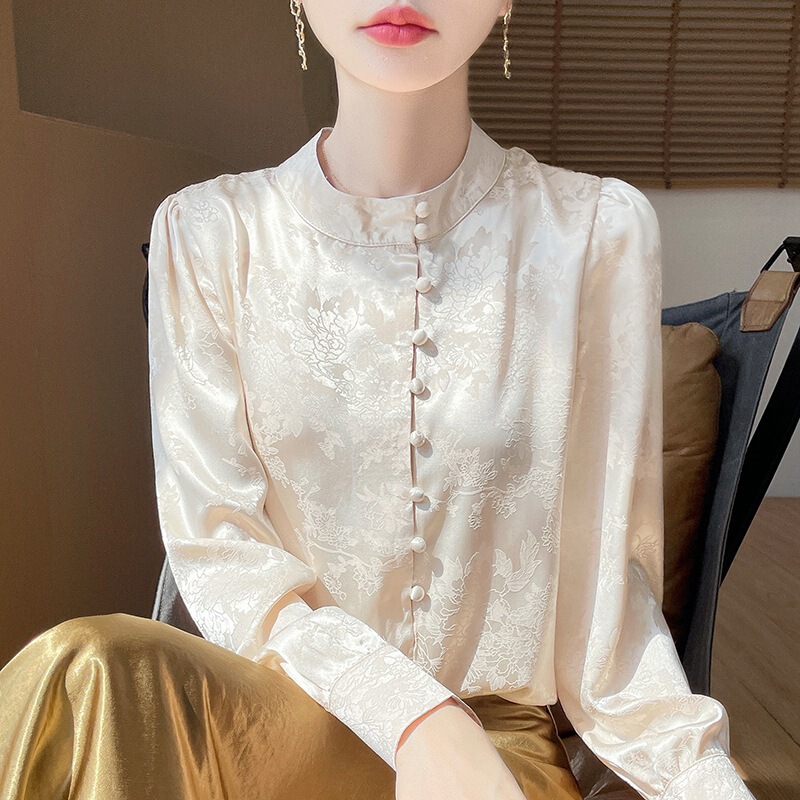 Silk Satin Spring and Summer New Women's Stand-Collar Elegant Shirt Short Versatile Loose Top Cardigan Tencel
