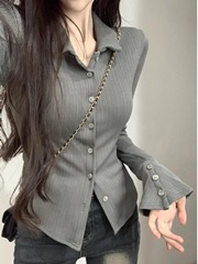 甜辣妹领气质灰色打底衫恤女春秋设计感修身内搭设计感上衣