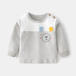 Baby Underwear List Autumn Clothes Striped Boys and Girls Spring and Autumn Baby Base Shirt Children's Shoulder Buckle Cartoon T-shirt